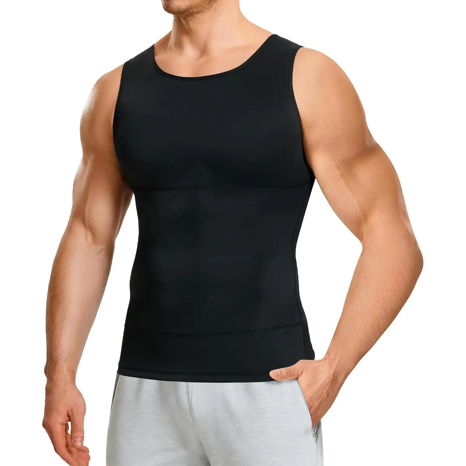 Nebility Men's Nylon-Spandex Compression Shapewear Shirt - Sleeveless Tummy Control Undershirt, Double-Panel Snug Fit Slimming Body Shaper Vest for Workouts