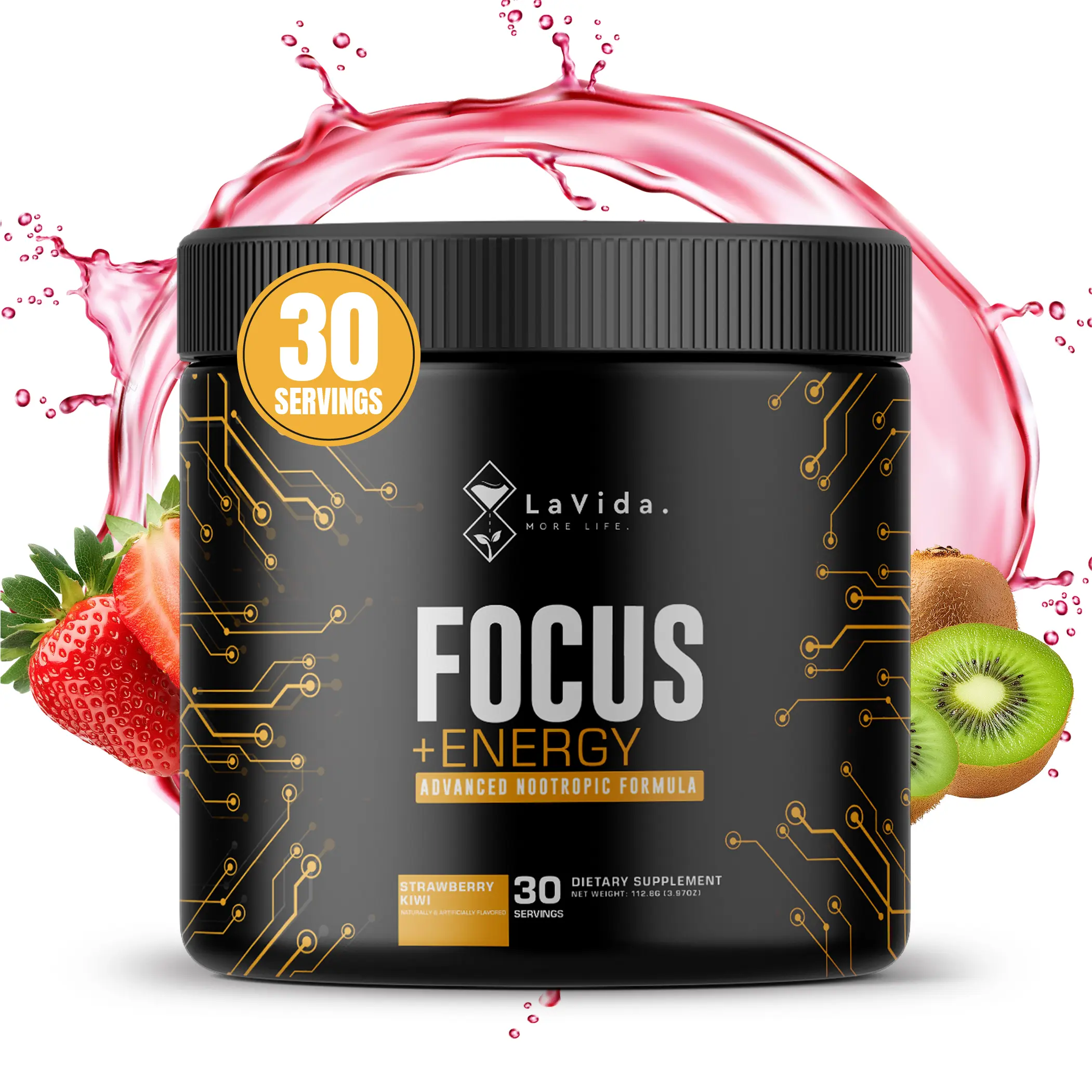 Clean Energy Nootropic Pre-Workout Supplement - Low Stim, Focus Enhancer - No Jitter, Sugar-Free - Strawberry Kiwi - 30 servings