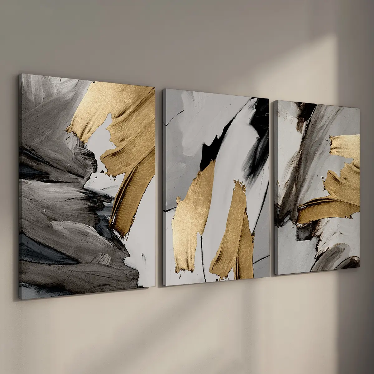 3 Counts Wood Framed Canvas Modern Abstract Design Black and Gold Wall Art, Ready To Hang, Waterproof, Artwork Wall Painting For Gift, Wall Picture for Home & Dormitory Decoration, Wooden Wall Art
