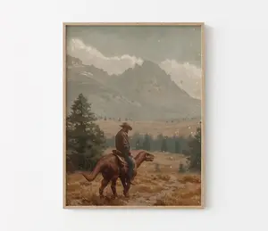 Vintage Dinosaur Cowboy Oil Painting, Western Jurassic Print, Unique Dinosaur Wall Art