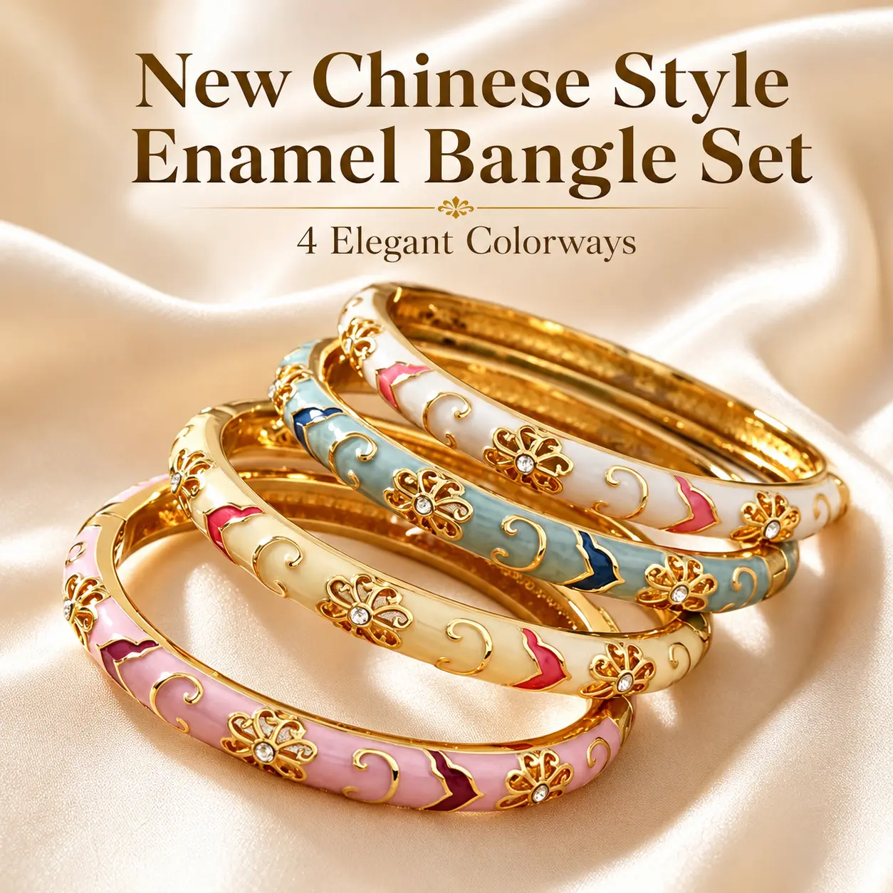 Bracelet Gold Enamel Chinese Style Hinged Bangle Set Slim Mist Blue Pink White Beige Lightweight Feminine Summer Gift for Women Girls Daily Wear Special Occasion Perfect Accessory