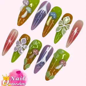 Nail Queendom [EPIC GARDEN] Handcrafted 3D Press-On Nails Reusables Long Lasting Salon Quality Easy Application 10 Pieces Set Eco-Friendly 3D-gel Finish