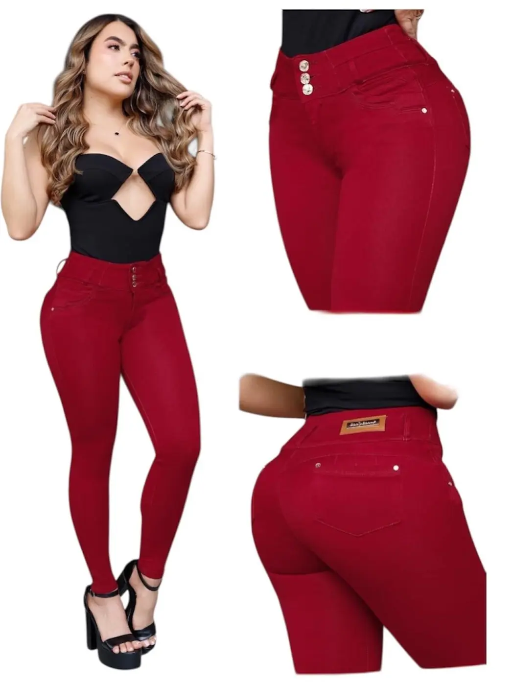 Jeans colombiano REF:8736 High-waisted burgundy skinny jeans -butt lift & tummy control 3-button