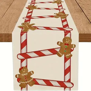 1pc, Merry Christmas Gingerbread Candy Cane Table Runner, Rectangular Shape, Suitable For Indoor And Outdoor Family Party Decorations