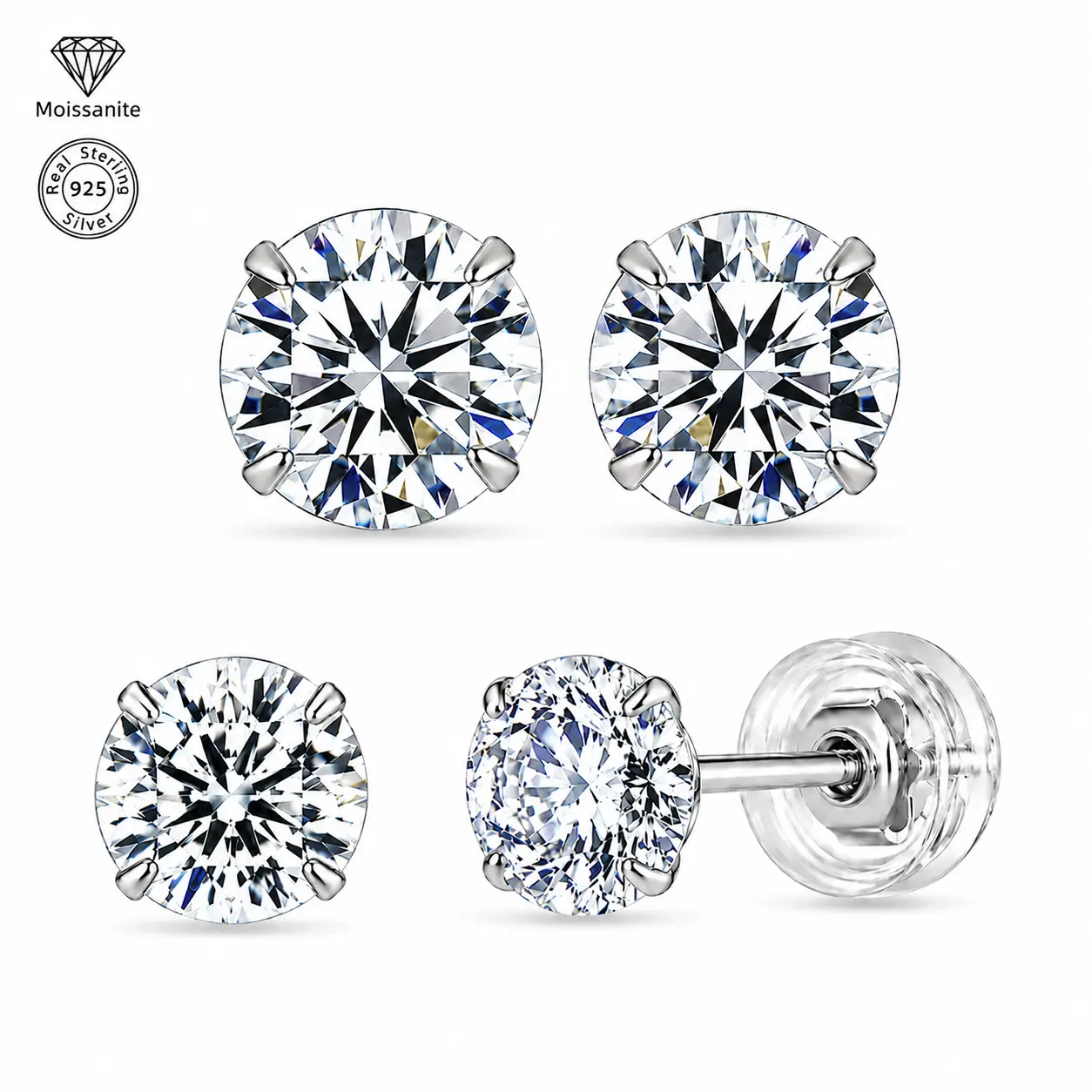 925 Sterling Silver Four-Prong Round Moissanite Stud Earrings