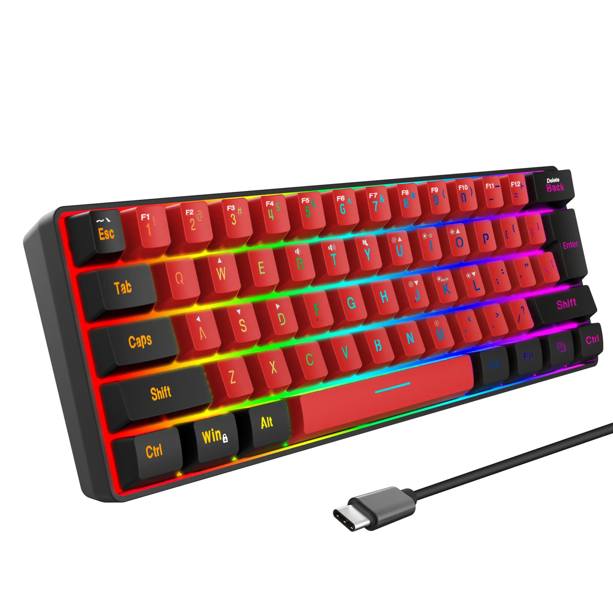 Snpurdiri 60% Wired Gaming Keyboard, True RGB 61 Keys Mini Compact Keyboard, Waterproof Ergonomic Mechanical Feel Silent Keyboard for PC/Mac Gamers, Typists & Travel (Black-Red)