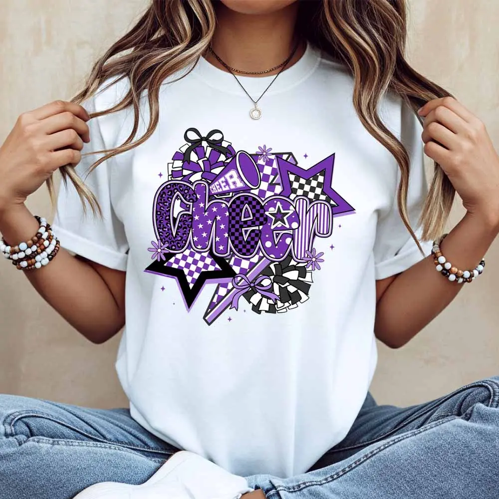 Cheer Purple Star Pattern Print T Shirt Women Casual Short Sleeve Top Fashion Graphic Tee For Cheerleading Team Spirit Wear