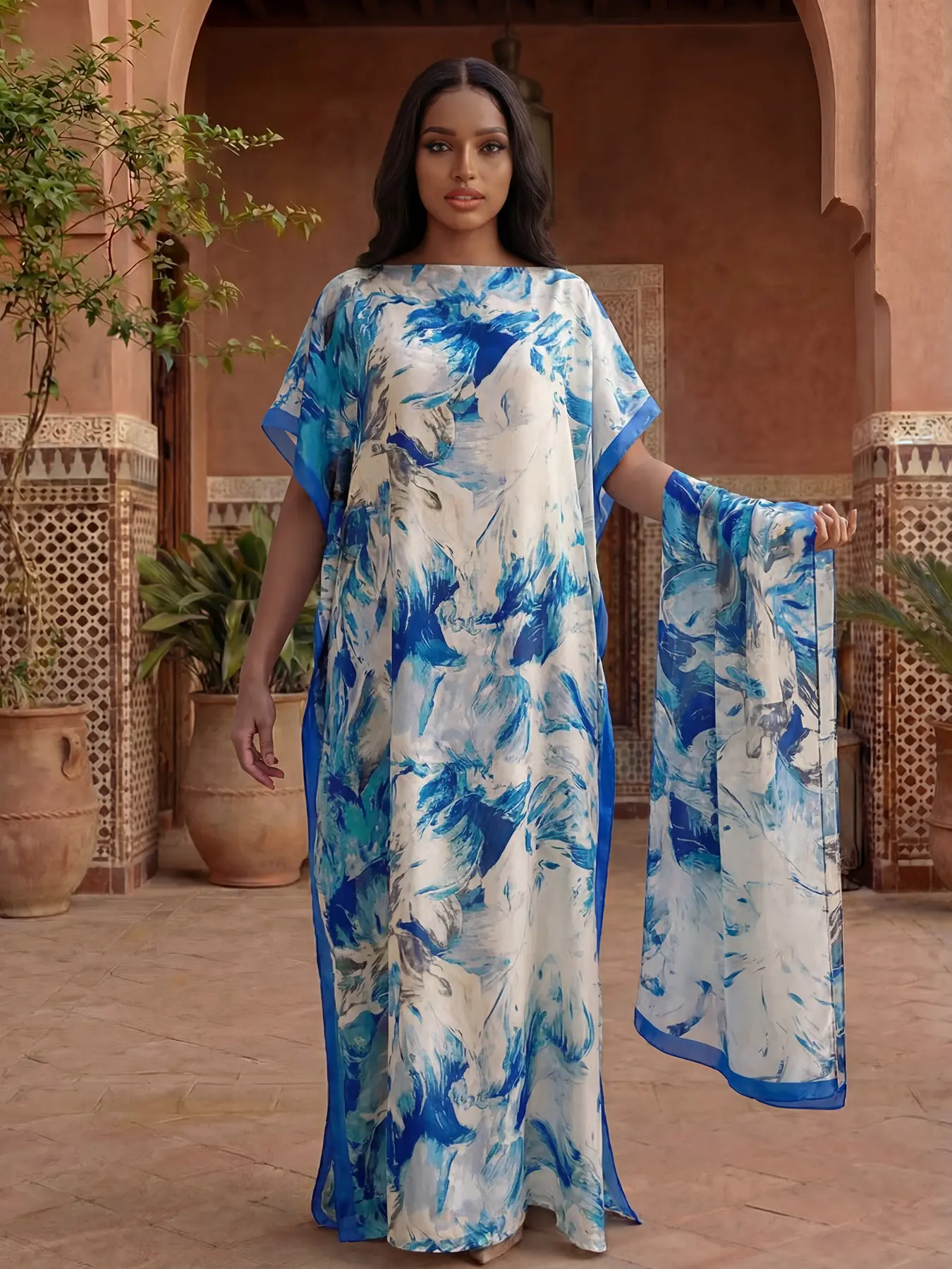 Women's Leopard Print Long Dress Set, Elegant Classy Casual Slim Fit Moo Moo Robe & Scarf, Beach Sun Protection Summer Silk Shawl, All Seasons Fashion