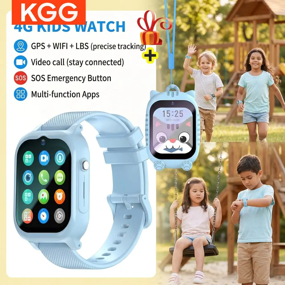 Kids 4G Smart Watch with SIM card support for calls, GPS & WiFi location tracking. Features voice & video chat, SOS, camera, alarm, remote monitoring and waterproof function, ideal for students, Waterproof Smartwatch.