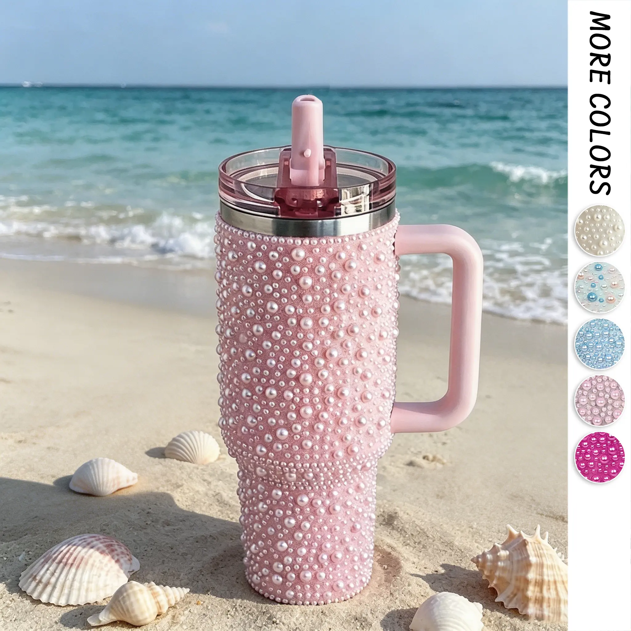 40 oz Rhinestone Pearl Bling Stainless Steel Insulated Flask with Handle, Lid, Straw, and Cup Holder-Friendly Leakproof Base, Flasks
