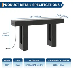 63" Extra Long Sofa Console Table with Power Outlet, USB & Type-C Ports – Slim Narrow Entryway Table for Hallway, Behind Couch & Living Room – Modern Skinny Side Table