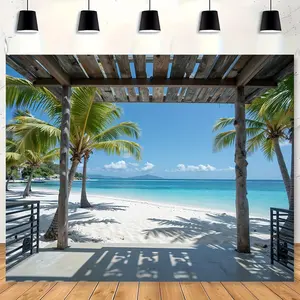 2D Flat, 1pc Tropical Palm Beach Seascape Wall Mural - 2D Flat Dynamic Photo Background Suitable for Bedroom, Living Room & Office Decor - Easy Install Natural Style Hanging Decoration with Palm