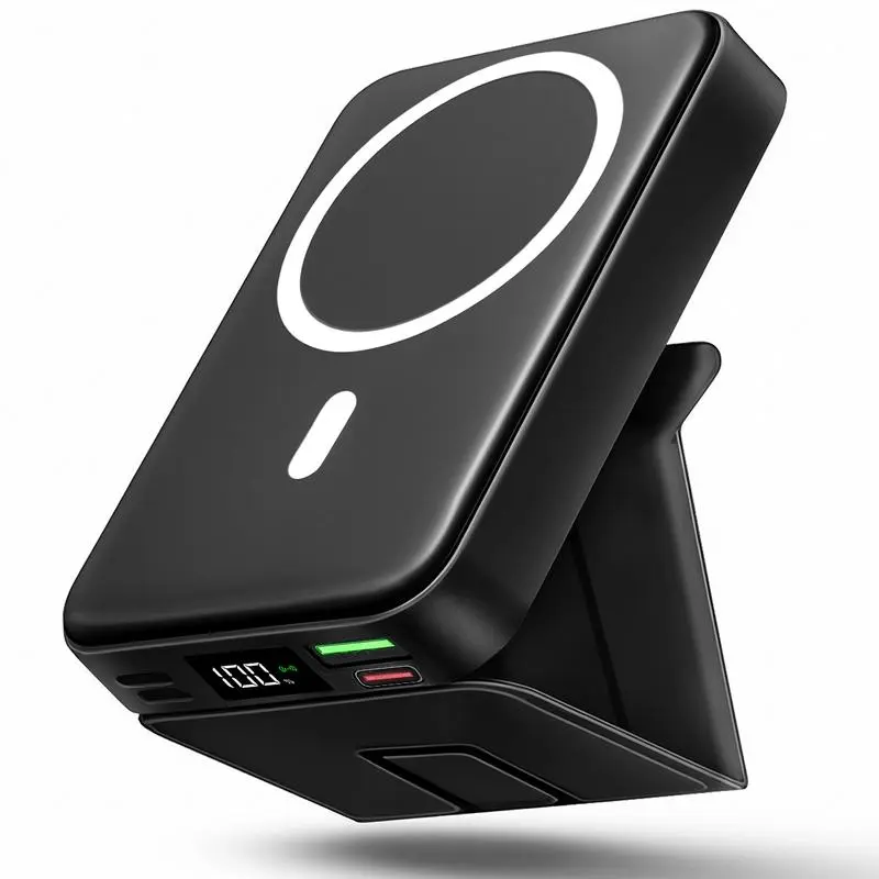 Magnetic Battery Power Bank 10000mAh - 22.5W PD Fast Charging, Built-in USB-C & Lightning Cables, LED Display, Foldable Compact Silicone Black Charger for iPhone 17/16/15/14/13/12 Pro/Pro Max, Smartphone, Mobile Devices, USB Type-C Accessory
