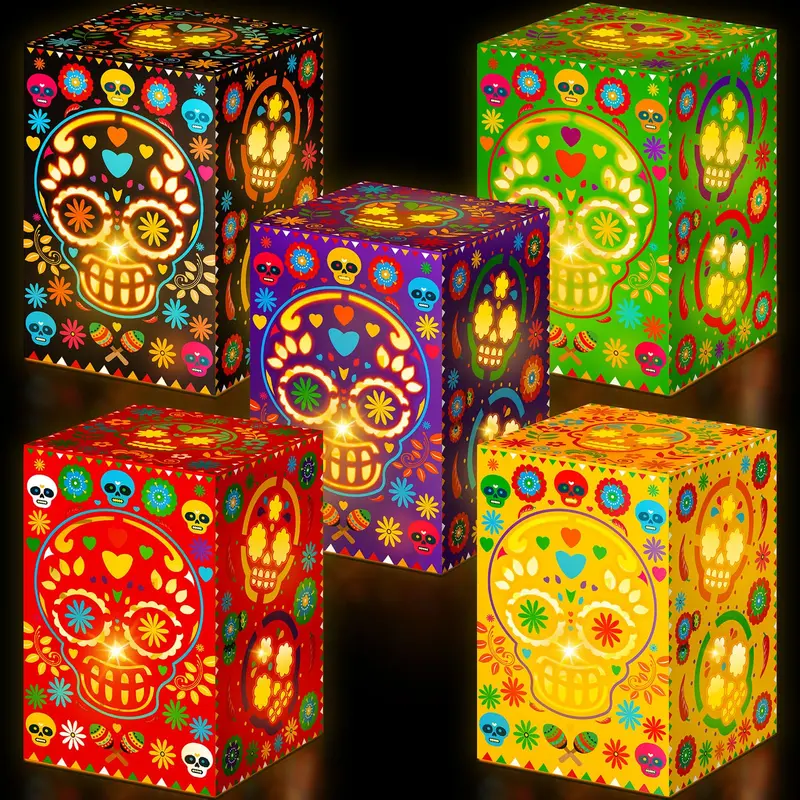 24/30/36 Pcs Dia De Los Muertos Decorations Sugar Skull Candle Holder Boxes, Day of the Dead Paper Luminary Bags for Ofrenda Altar Decor Mexican Fiesta Halloween Party Supplies