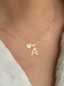 Women's Stainless Steel Chain Necklace, Heart Shaped Necklace, Crystal Heart Bubble Initial Pendant Design, Casual All-Season Jewelry Accessory