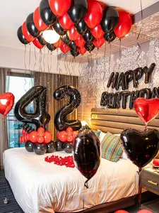 Black & Red "HAPPY BIRTHDAY" Balloon Set – Foil & Latex Balloons, Heart-Shaped Balloons, Ribbon & More