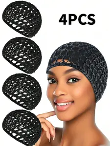 4pcs Hair Net Caps, Sleep Hair Nets, Head Covers For Wigs, Black Mesh Wrap Caps, Crochet Wave Chef Hats, Hair Bun Bouffant Caps, Suitable For Women Ballet Dancers Sleep Bonnet, Hair Wraps