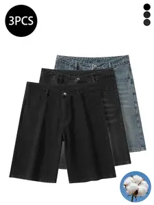 3-pack men’s jeans for autumn/winter, loose straight cut, mid-length, high cotton content, soft denim, retro street style, versatile, everyday commuting pants for men