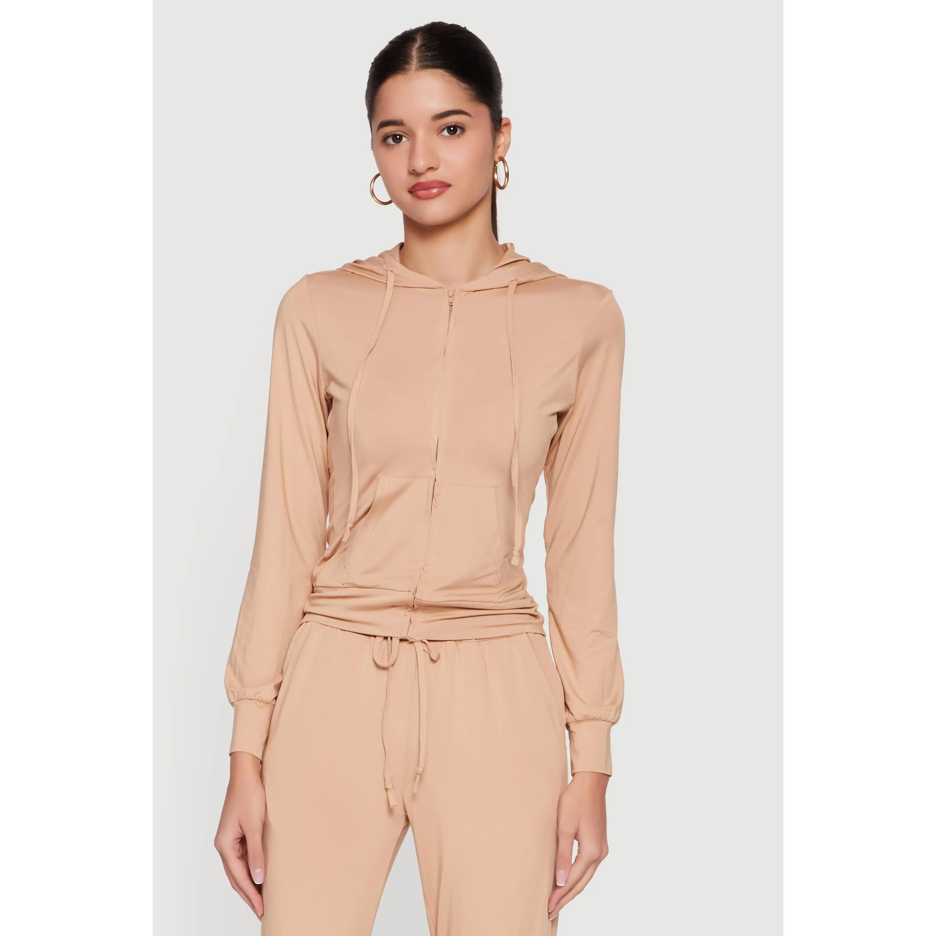Zip Front Drawstring Hooded Track Jacket