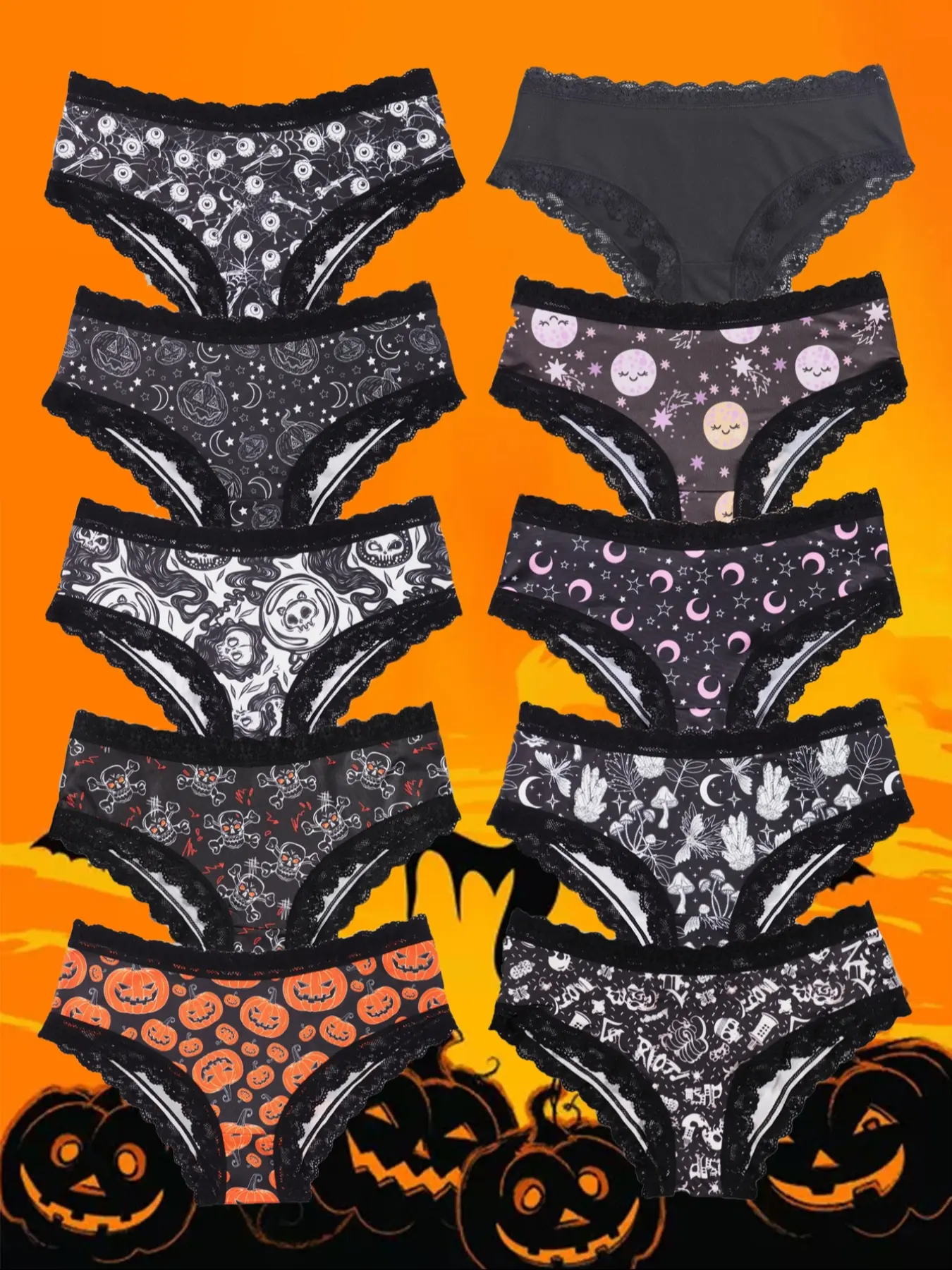 Morvia 10pcs Sexy Cute Gothic Halloween Contrast Lace Hipster Panties, Allover Print Comfy Intimates Briefs Panties, Women's Underwear & Lingerie, Scallop Trim Panties