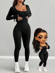 Women's Solid Color Fitted Jumpsuit, Square Neck Design, Tight Fit, Casual Comfortable Wear, Long Sleeve, All Seasons Fashion