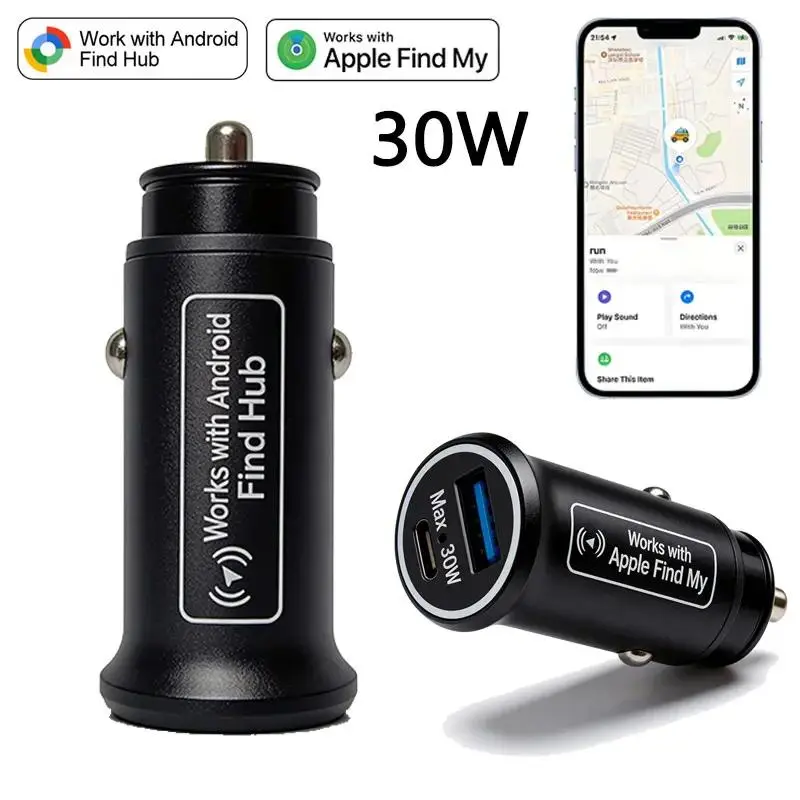 30W Car Charger Tracker – Fast USB & Type-C Charging, Real-Time Vehicle Locator, Works with iPhone Find My & Android Find Hub, Anti-Lost Positioning