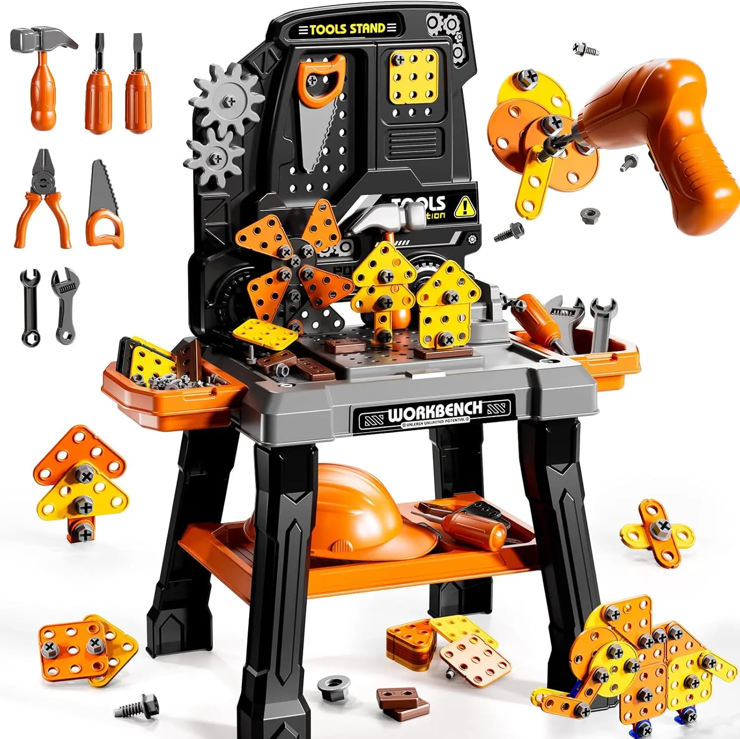 141pcs Kids Construction Tool Set with Electronic Drill Sound, Pretend Play Tool Box & Workbench Toys, Toddler Birthday Gift for Boys & Girls Ages 3-8#SummerVibes