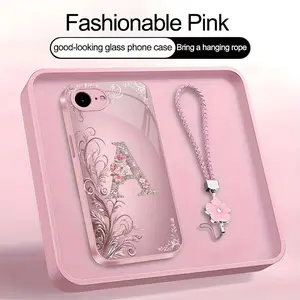 Suitable for [iPhone 16e] high-end women's phone case🤩，a beautiful four-leaf clover lanyard is included🍀，Exquisite floral print, non-3D rhinestones, 26 letters to choose from YM99