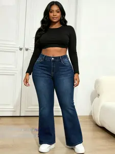 【Plus size】Ladies Stretch Bell Bottom Denim,Slimming High Elastic Pants for Shopping & Hangout WH50