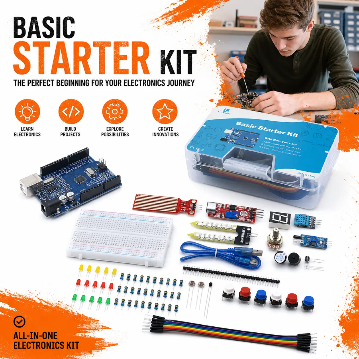 LAFVIN Basic Starter Kit for Arduino UNO R3, Electronics Components Kit with Sensor Modules, LCD Display, Servo Motor, Breadboard, USB Cable & Tutorial – Beginner Learning Kit for STEM Education