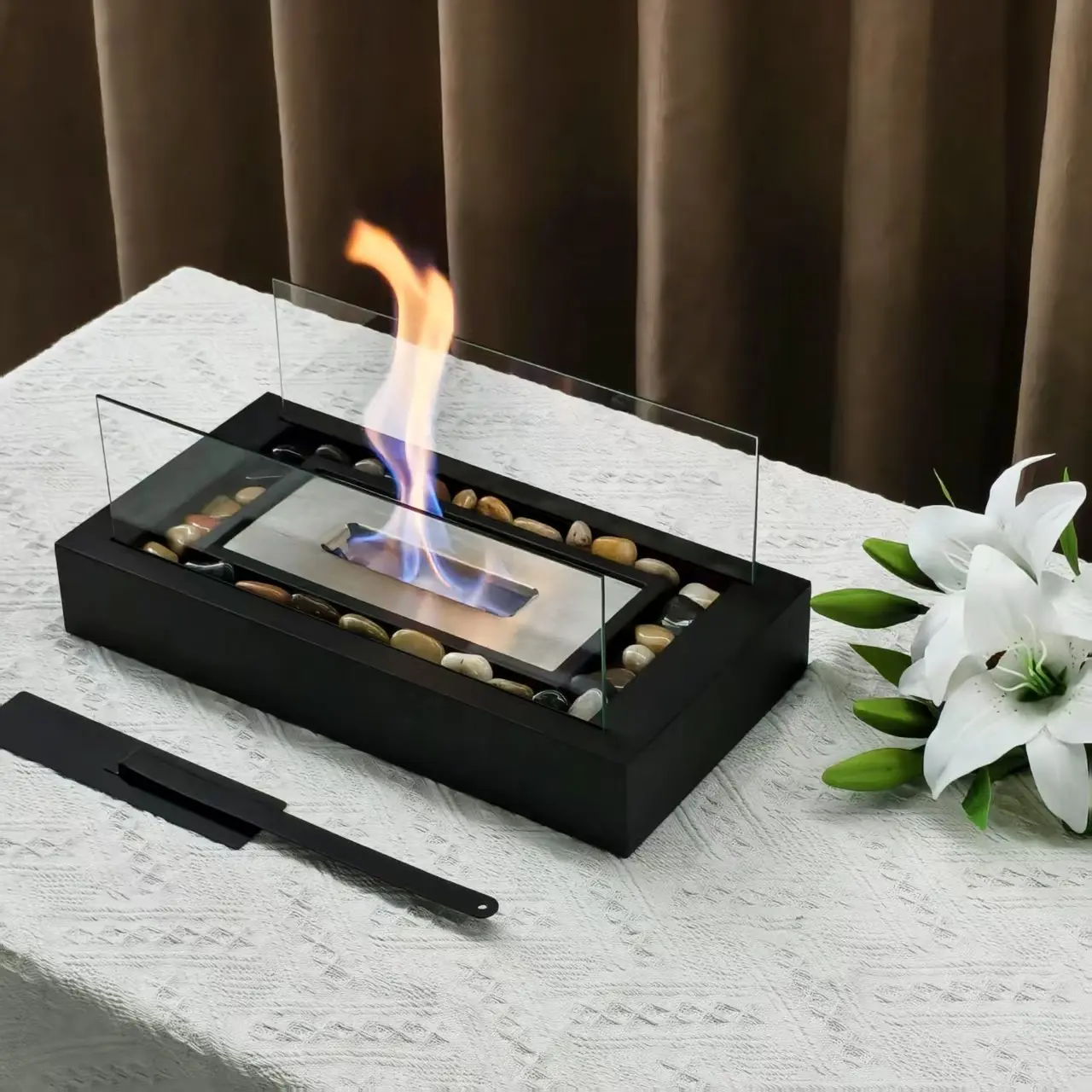 Rectangular Glass Tabletop Fire Pit, Portable Mini Modern Indoor Fireplace, Outdoor Desktop Fireplace for Garden Patio Yard Deck, Outdoor Fire Pits