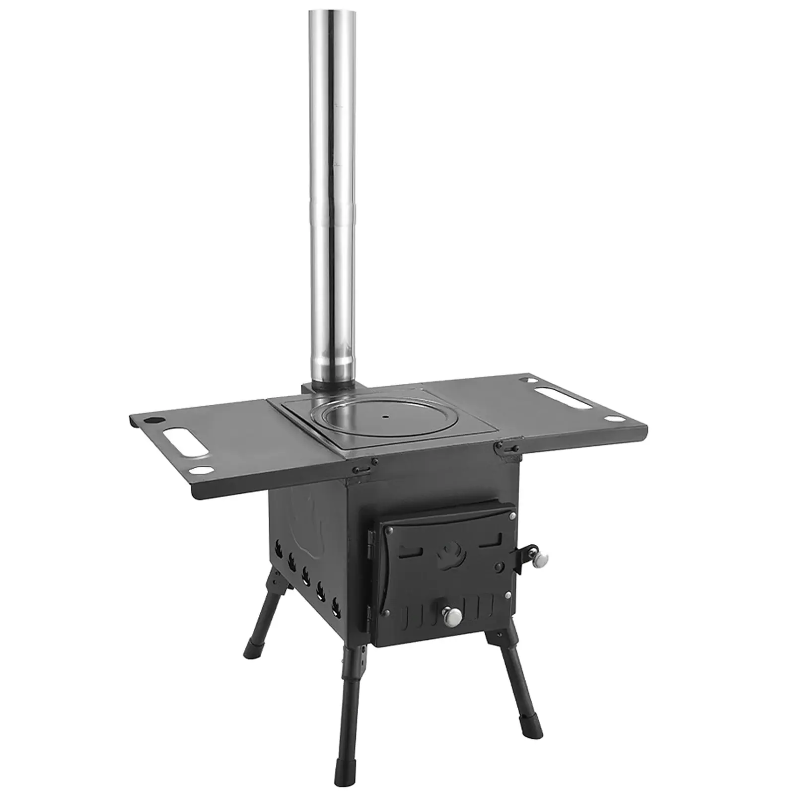 Wood Camping Stove Black, Portable Foldable Wood Burning Stove Duty Removable Camp Tent Stove with Chimney Pipe for Tent Shelter Heating Cooking, 57.5*31*37cm.