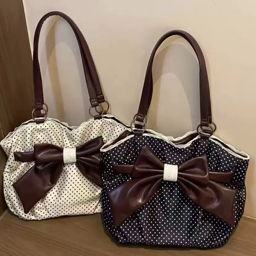 Trendy Fashion Large Capacity Polka Dot Bow Decor Bag, Handheld Shoulder Bag, Stylish Women's Accessory, fashionable patterned bag, Perfect for Daily Use, PU Leather Bag