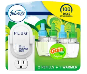 Febreze Plug In Air Fresheners For Home, Air Freshener Plug In, Gain Scent, Odor Fighter for Strong Odors, 1 Warmer + 2 Oil Refills