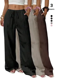Women's Textured Wide Leg Pants, High Waist Drawstring Design, Spring & Fall Casual Fitted Style, Solid Color, Ideal for Daily Wear