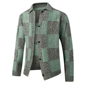 Retro checkered knit cardigan with notched lapel, single-breasted front, color-block accents and pockets — men’s casual commuter versatile outerwear