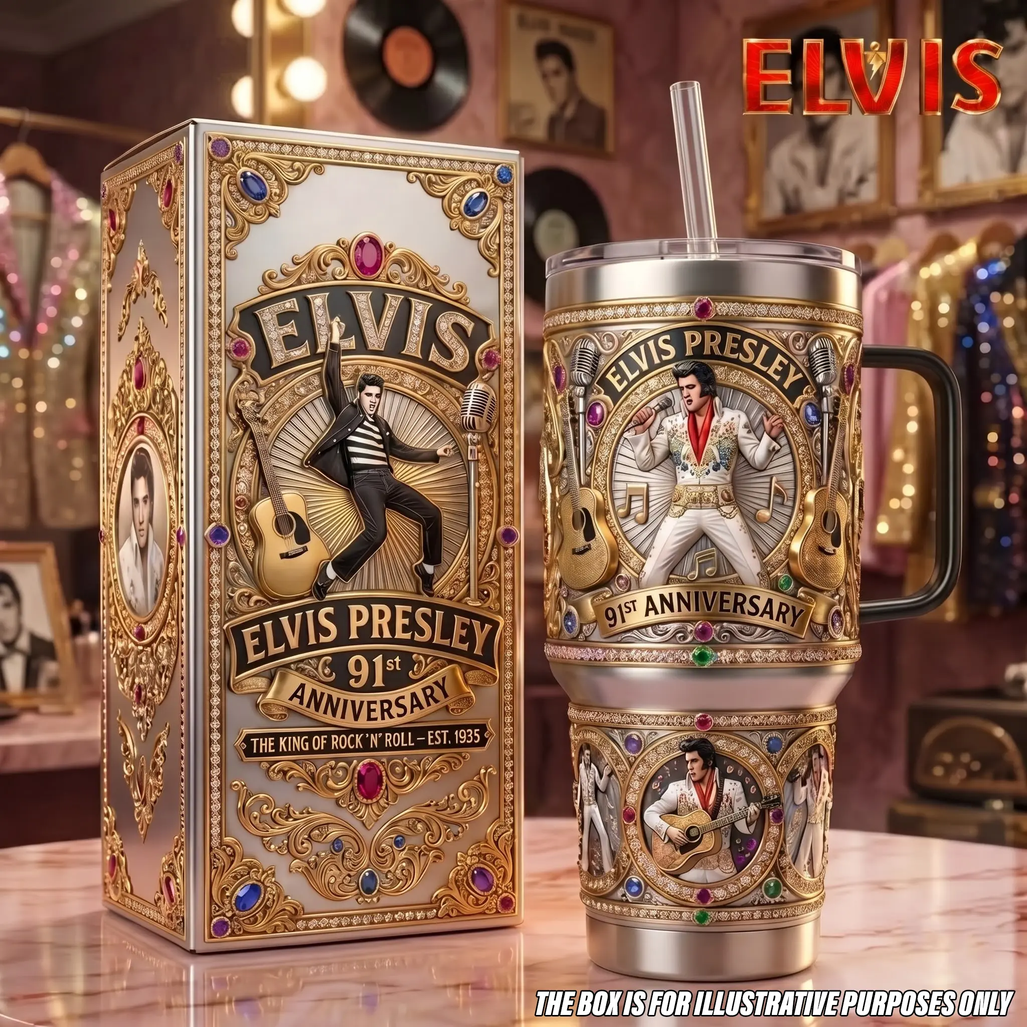 Elvis Presley 91st Anniversary 40oz Tumbler with Handle, Insulated Stainless Steel King of Rock Roll Travel Mug Straw, Vintage Guitar Music Legend Car Cup, Rockabilly Concert Event Drinkware, Retro Style Stainless Steel Coffee Mug Elvis Fans