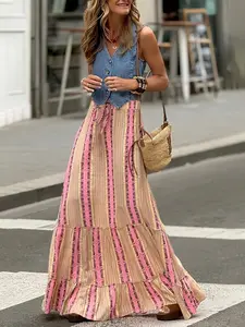 Women's Spring Autumn New Elegant Casual Fashion Street Style Print Multicolor Unique Design Ruffle Stripe Belted Skirt