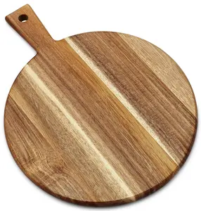 Acacia Wood Round Cutting Board and Chopping Board with Handle for Meat, Cheese Board, Vegetables, Bread, and Charcuterie - Decorative Wooden Serving Board for Kitchen and Dining Room, Large 17” x 13” Knives Stylish Traditional cutting board