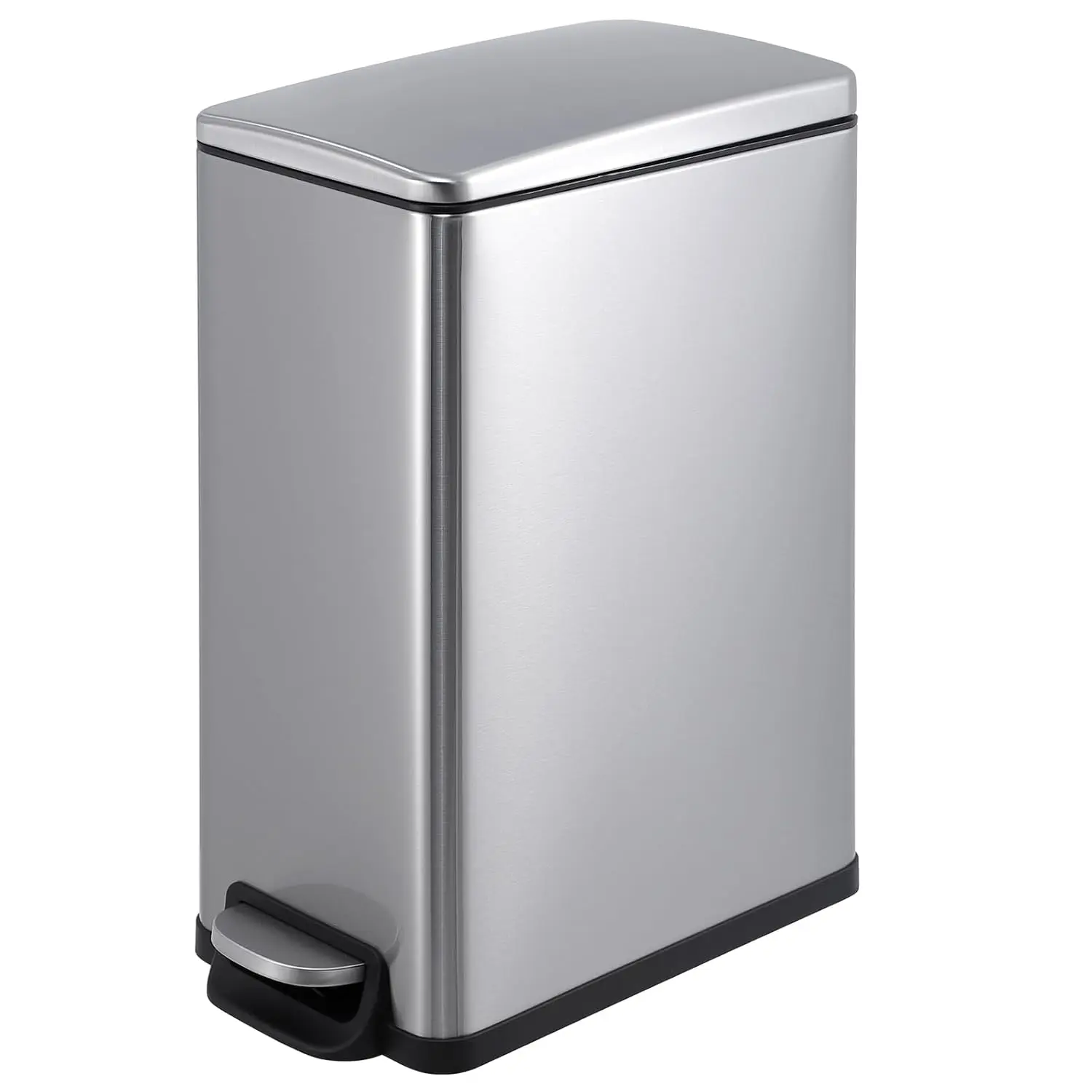 12 Gallon Slim Stainless Steel Kitchen Trash Can – Space-Saving Step-On Recycling Bin with Soft Close Lid, Removable Inner Bucket,Dog Proof for Home, Silver