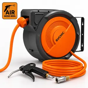 【Father's Day】RVCHIC 65FT Retractable Air Hose Reel Wall Mounted, Heavy Duty Auto Rewind Air Compressor Hose Reel with 300 PSI Hybrid Hose, Lock Any Length, 180° Swivel Bracket & Brass Fitting for Garage, Shop, Auto Repair & Tools