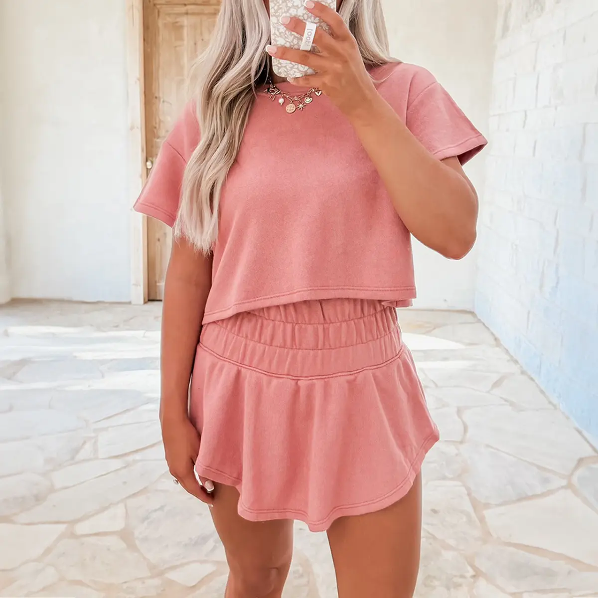Women's 2-Piece Skort Set, Casual Short Sleeve Cropped T-Shirt and High Waist Ruffle Skort, Chic Lightweight Stretchy Cotton Blend, Shortsleeve, Fabric
