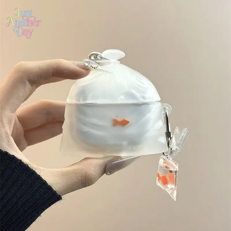 Creative Goldfish Bag AirPods Case, cute plastic bag design with a fish-shaped charm, soft silicone cover for AirPods 1/2/3/Pro/4, fun and unique protective shell for Apple wireless earbuds