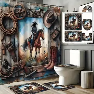 4PC Farm Denim Style  12 Hooks And Shower Curtain U-shaped MatsFloor Mats, And Toilet Seat Covers For Bathrooms Quick Drying Machine Washable Home Bathroom Decor Shower Curtain Sets for Bathroom
