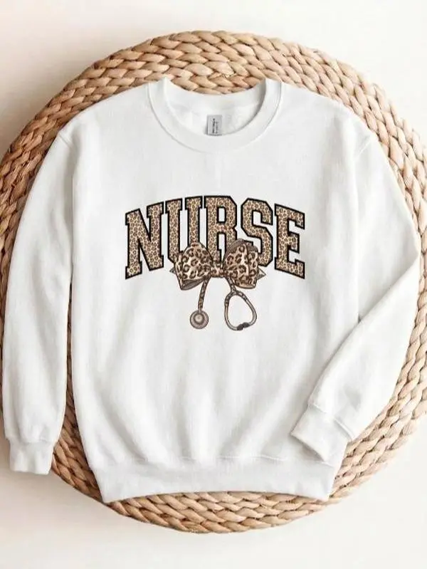 Leopard Print Nurse Crewneck Sweatshirt, Trendy Cheetah Stethoscope Bow Graphic Tee, Cute Healthcare Worker Halloween Gift, Comfort Colors Style Nursing Apparel