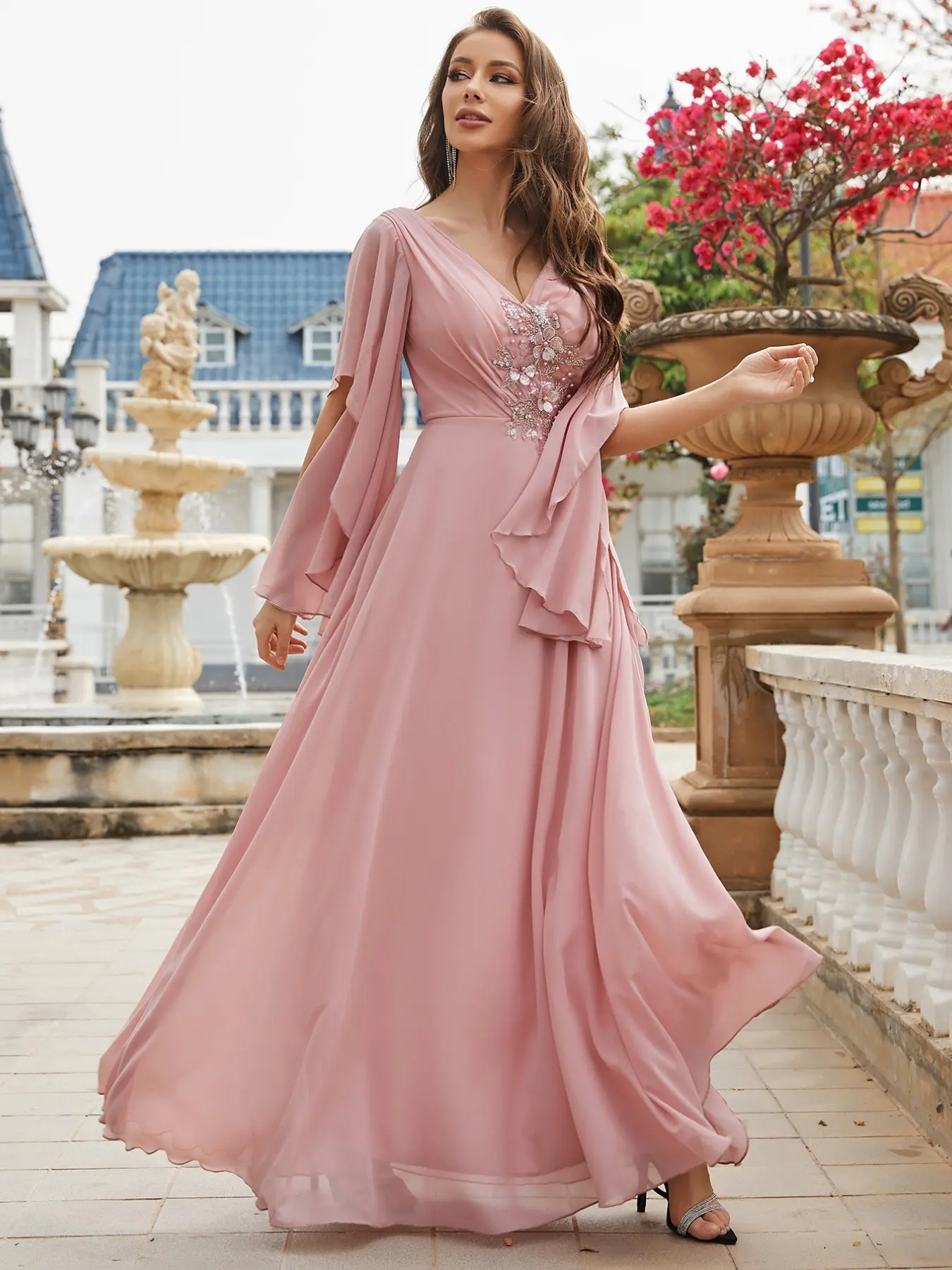 Elegant Chic V Neck Backless Flare Sleeve Women's Fitted Maxi Dress, Embroidered Floral Design, Embroidery, Pure Color Chiffon Formal Bridesmaid Gown, Formal Wear, Large Swing Hem, Elegance, Womenswear