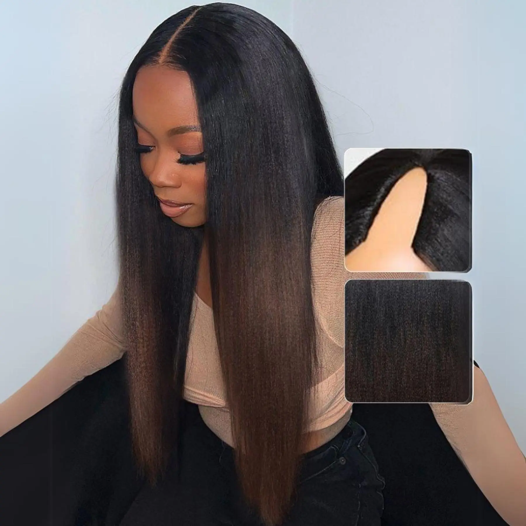 UNICE EasiContour Yaki Straight V Part Wig, Chestnut Brown Ombre Human Hair, Natural Looking Glueless Install, Glueless Wigs