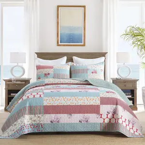 Country Patchwork Floral Quilted Bedspread Set, Multi-Print Cottage Patchwork Bedding with Pillow Shams, Lightweight All Season Farmhouse Quilt for Queen/King Size Bed