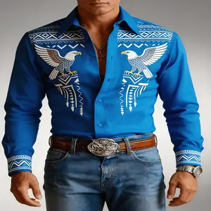 Men's Light Luxury Royal Blue Eagle Totem Long-Sleeve Shirt, Royal Blue-Base Exquisite Eagle Digital-Print Details, Builds High-End Gentleman Look, All-Season Casual Wear, Exquisite Fabric Texture, Suitable For Holiday Gifts & High-End Gath