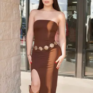 Brown Strapless Maxi Dress with High Slit and Long Sleeve